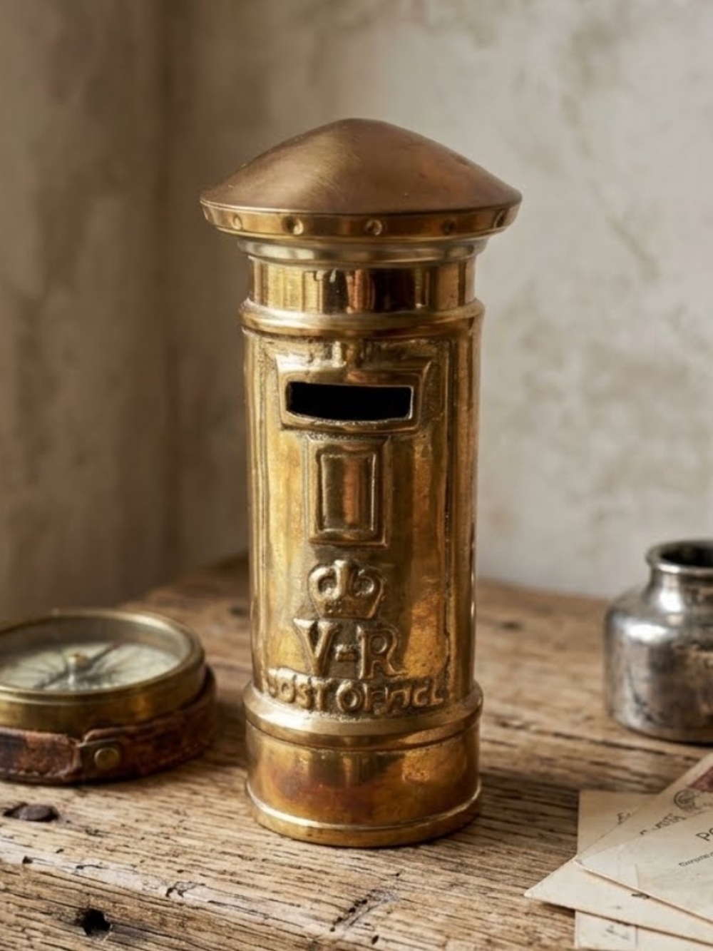Vintage Brass English Post Office Pillar Coin Bank. Unique. Gift.